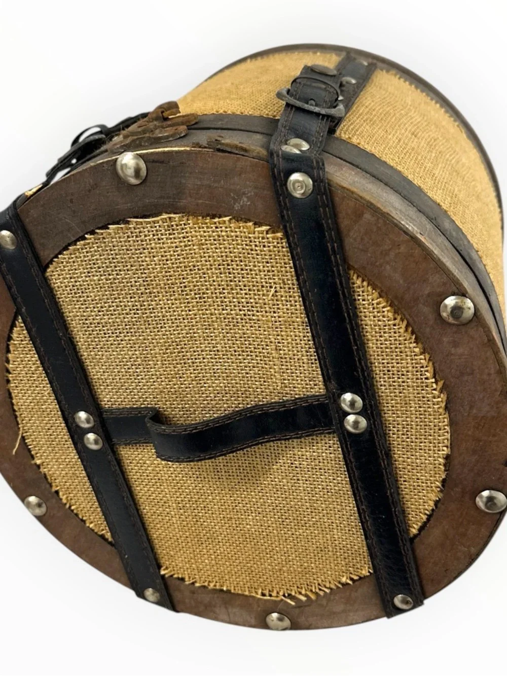 Rustic Round Wood Burlap Storage Box Vintage Style Home Decor 10.5”